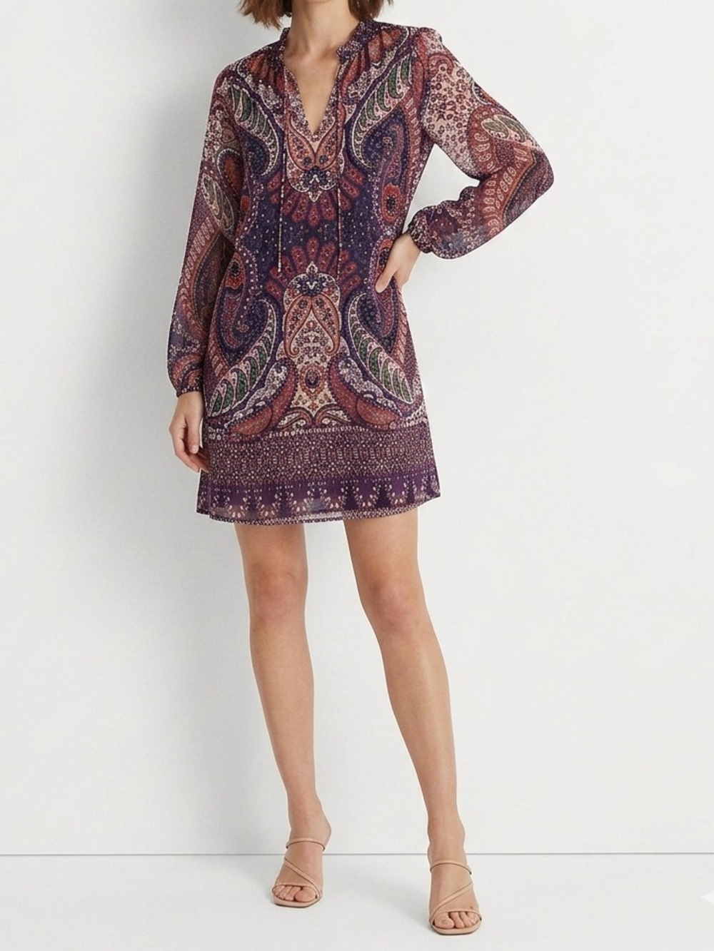 LOFT Paisley Long Sleeve Tunic Dress - Purple/Multi